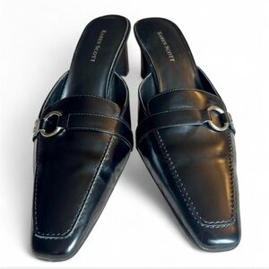 Karen Scott Black Leather Slip-On Mules with Silver Buckle